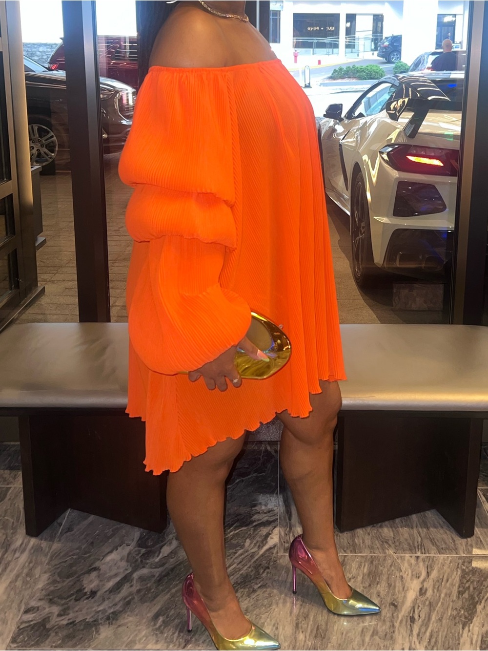 Off-Shoulder Orange Pleated Mini Dress